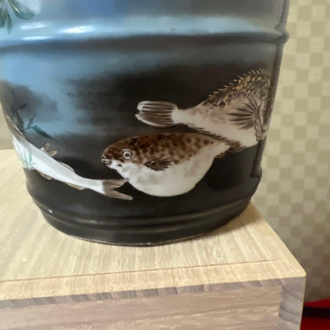 明治期超絶品九谷焼最高絵付　魚野菜尽くし手桶形水指　本物保証　逸品！