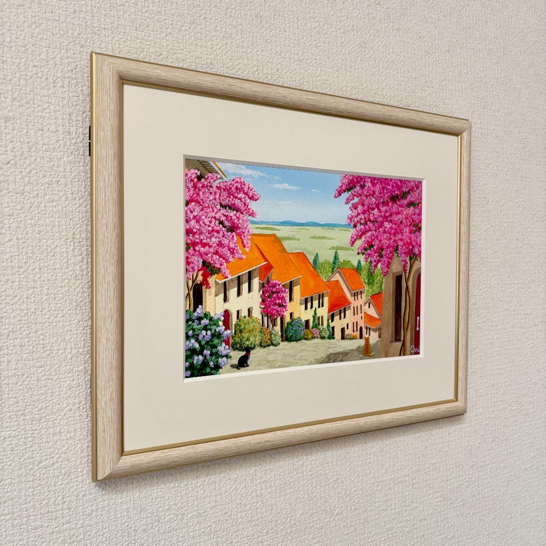 アクリル画　原画　「花の咲く路地10」額縁付　SMサイズ