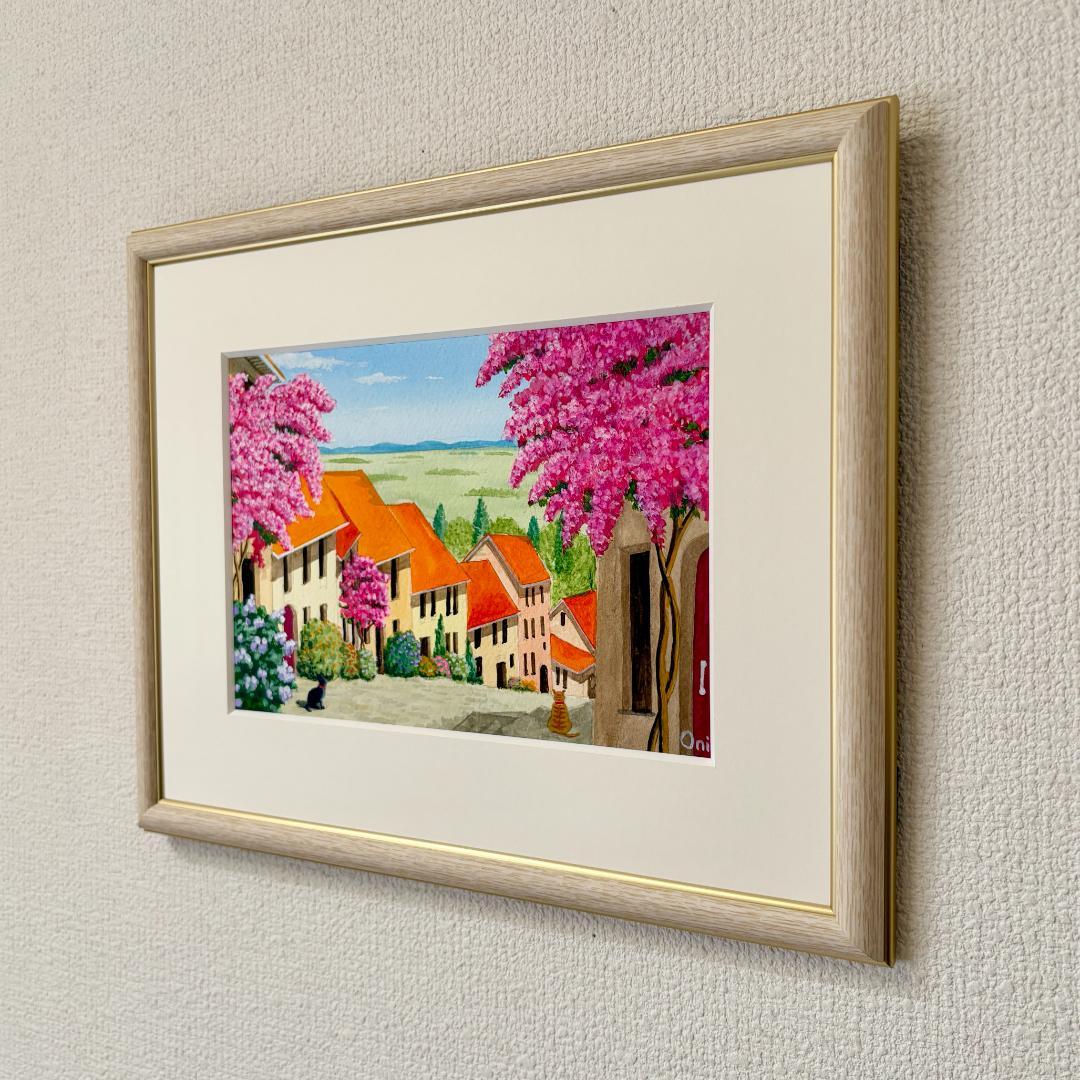 アクリル画　原画　「花の咲く路地10」額縁付　SMサイズ