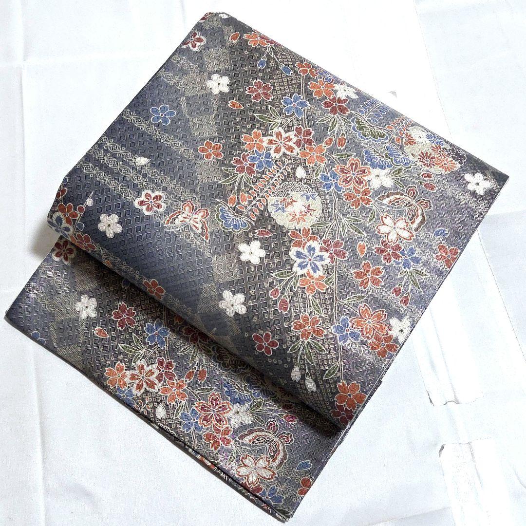 A◆着物くつろぎ 五条更紗 金糸 桜 雪輪 藤 蝶 全通 正絹 フォーマルな袋帯
