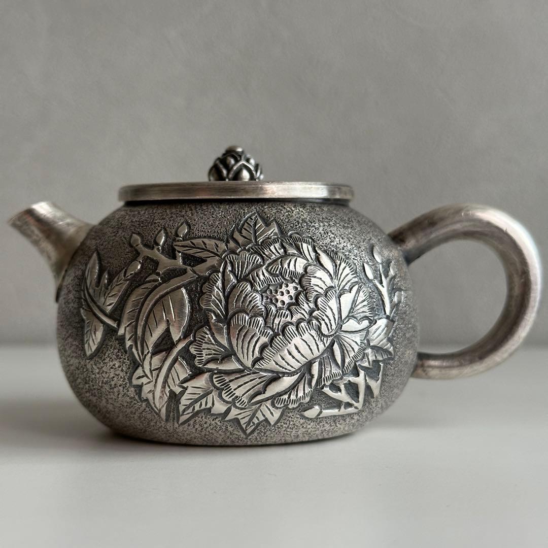 銀製 茶器 茶道具 急須 足銀999 牡丹 金属工芸