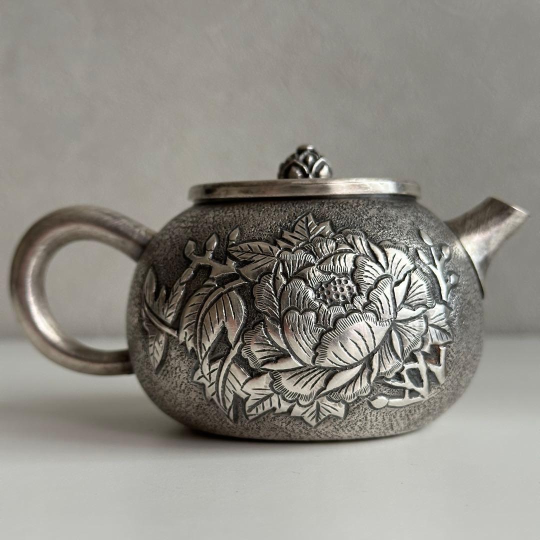 銀製 茶器 茶道具 急須 足銀999 牡丹 金属工芸