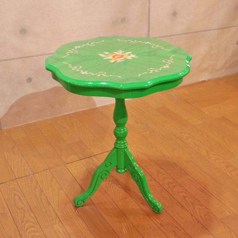 クラシック調 カフェテーブル 花柄装飾 グリーン天板 幅55cm 223-329
