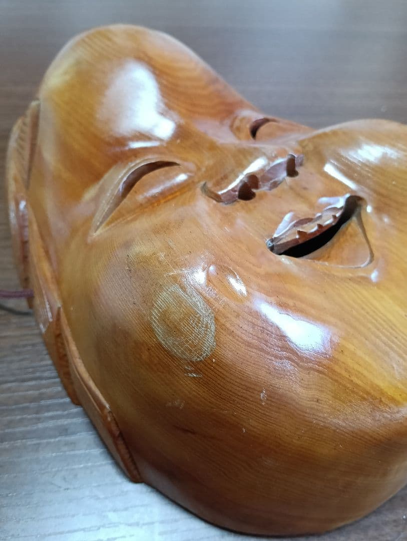 骨董　木製面　おかめ 　縁起物　手掘り　木彫り　壁掛け　お面　A