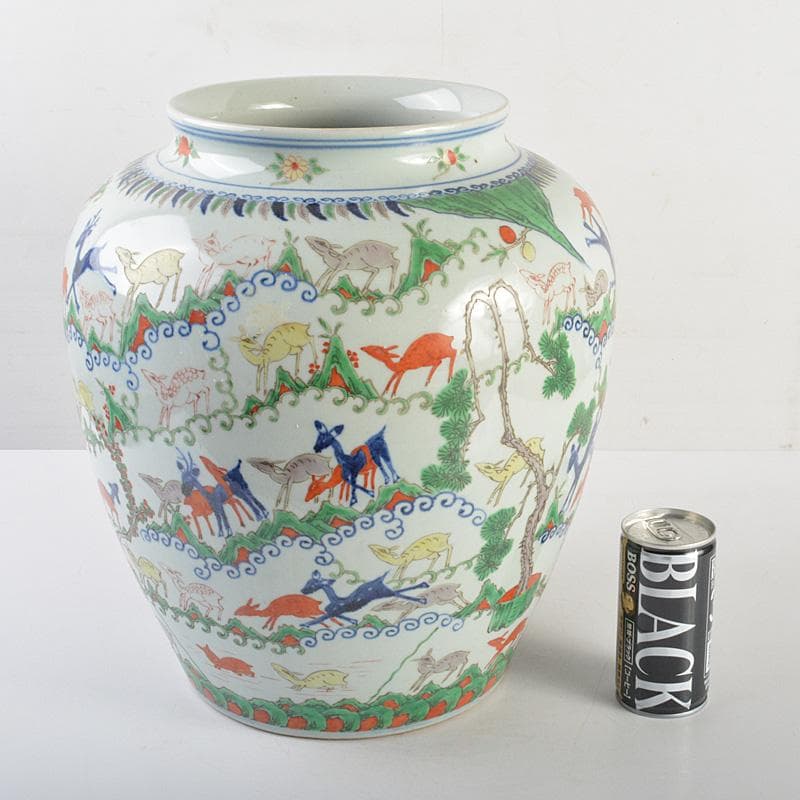 中国　大明萬暦年製　五彩　神獣文　壷　高さ約34cm　V　R7165F