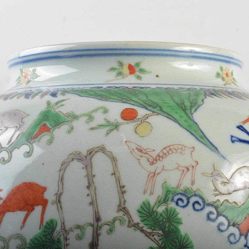 中国　大明萬暦年製　五彩　神獣文　壷　高さ約34cm　V　R7165F