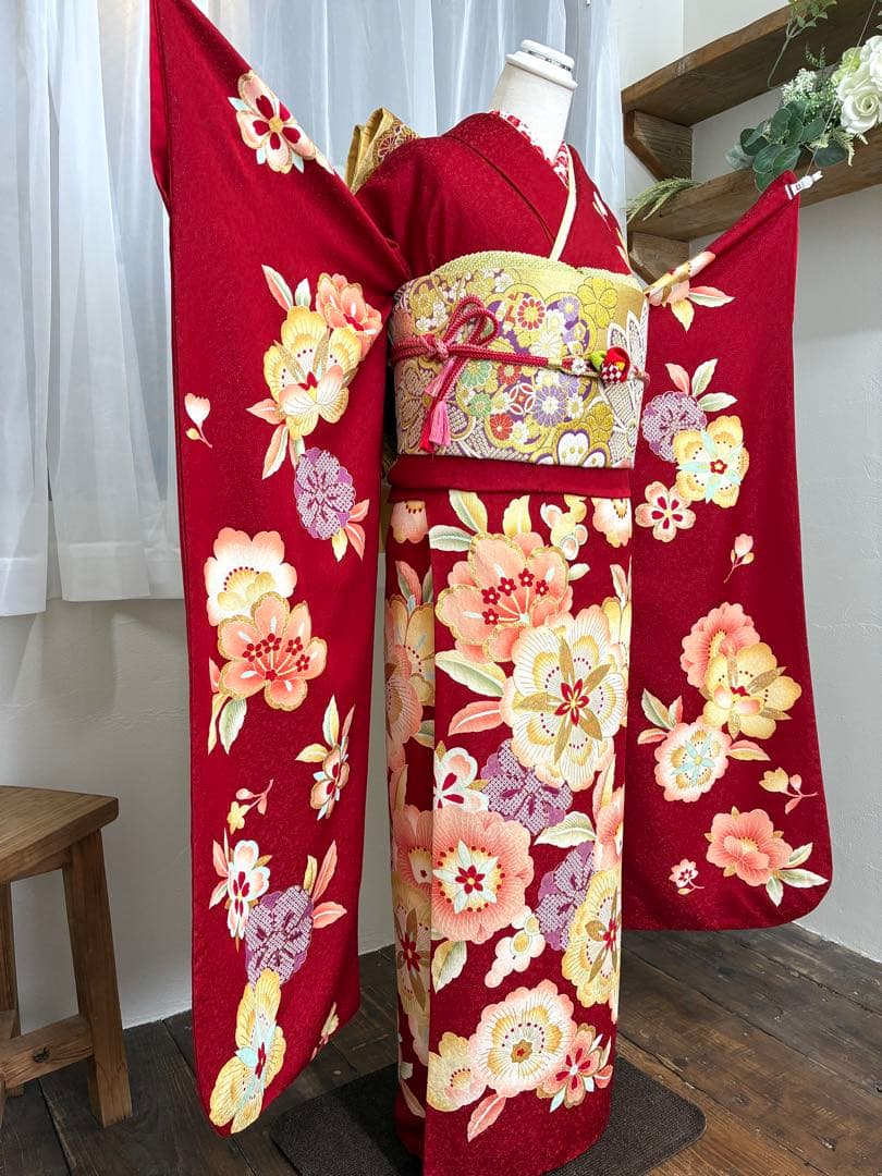 成人式　振袖フルセット　1137 真紅花柄　　正絹　振袖　格安！