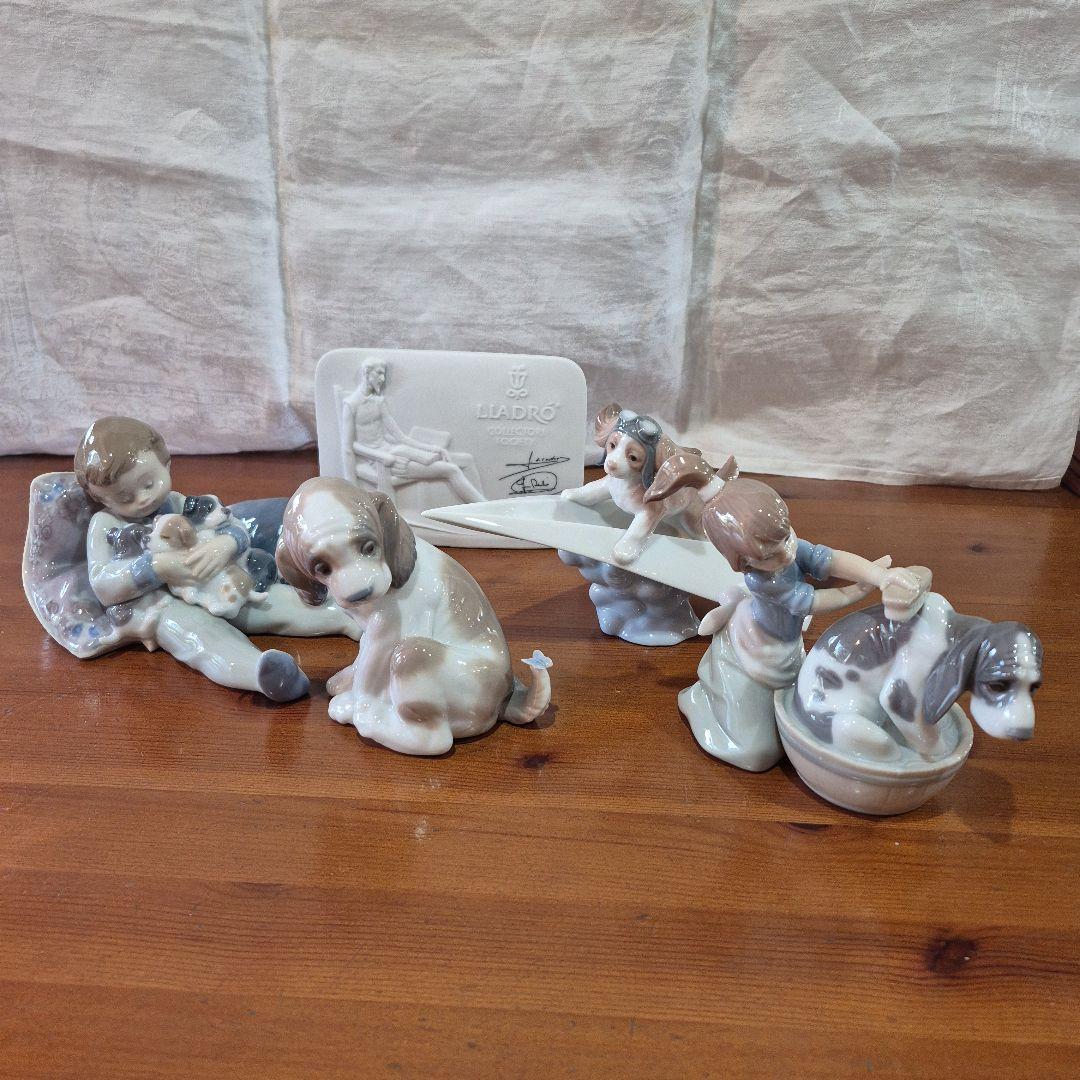 Lladro 陶器 犬と子供の装飾品セット 5点セット