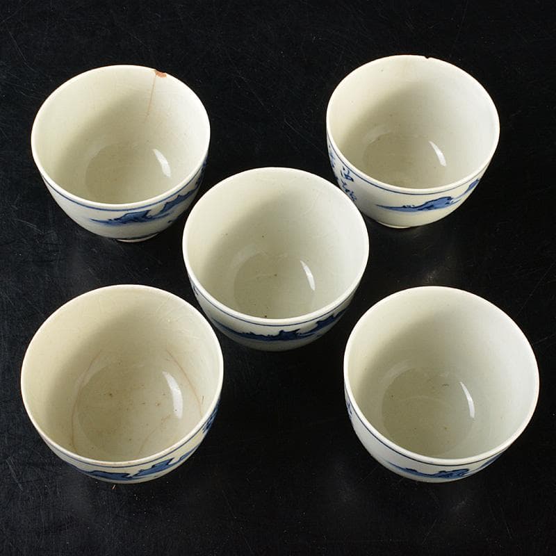 華中亭道八造　染付漢詩山水文　煎茶碗五客　時代箱　M　R6519