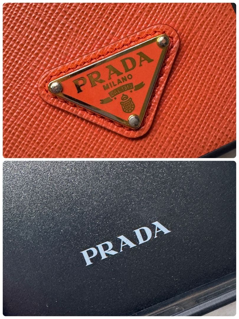 美品✨プラダ 三角ロゴプレート サフィアーノ iPhone13ケース オレンジ
