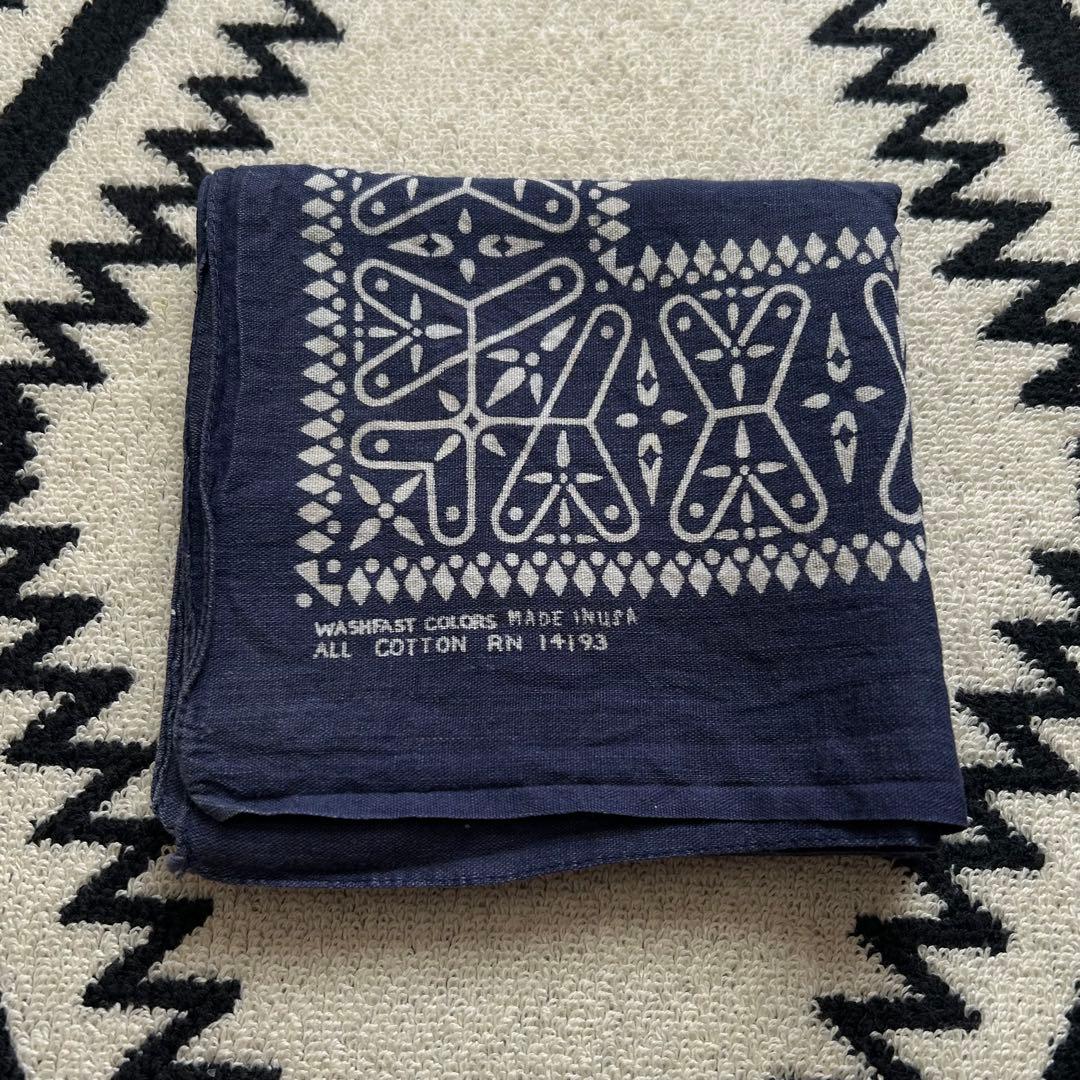 60s 70s ヴィンテージ クロス バンダナ レア USA製 耳付 ネイビー