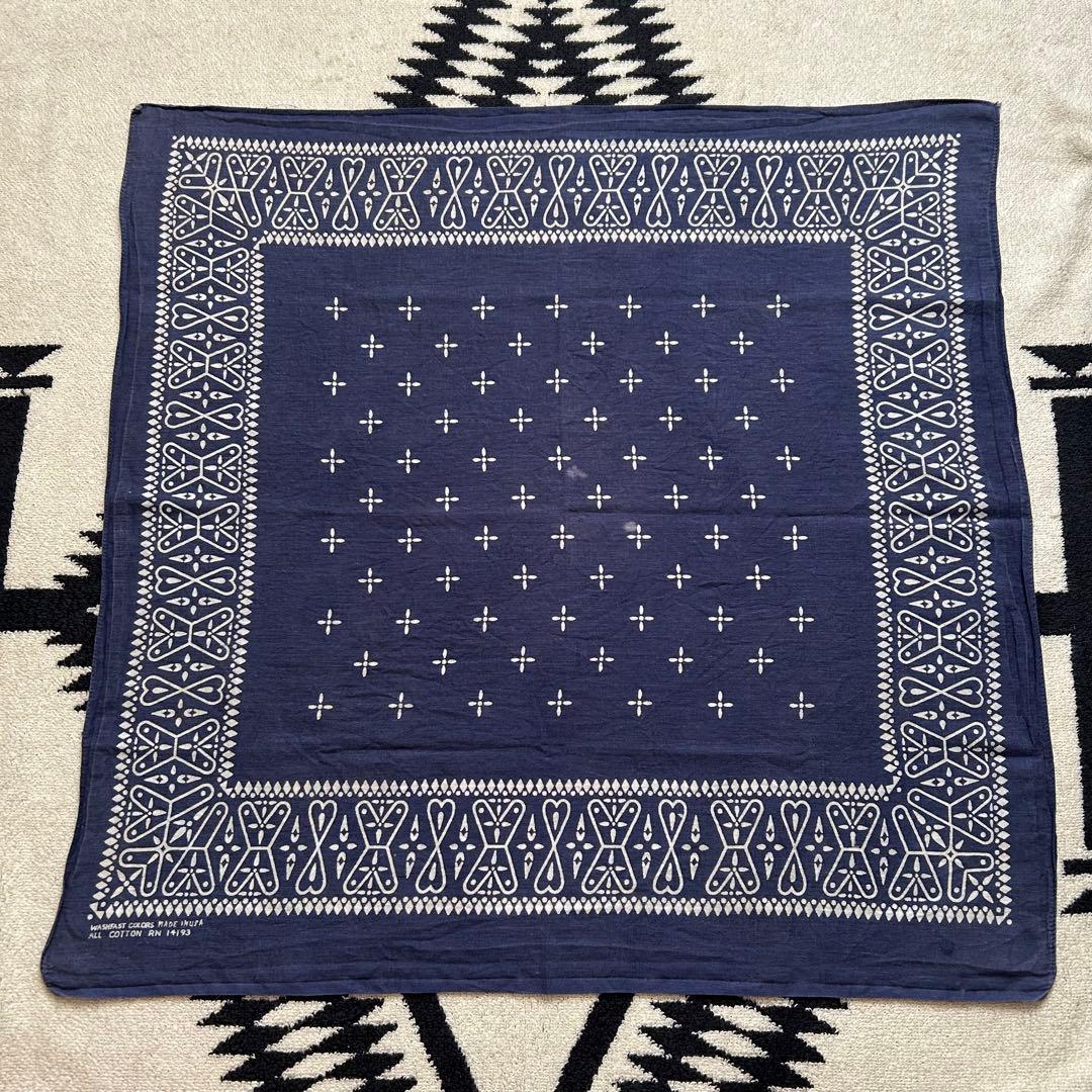 60s 70s ヴィンテージ クロス バンダナ レア USA製 耳付 ネイビー