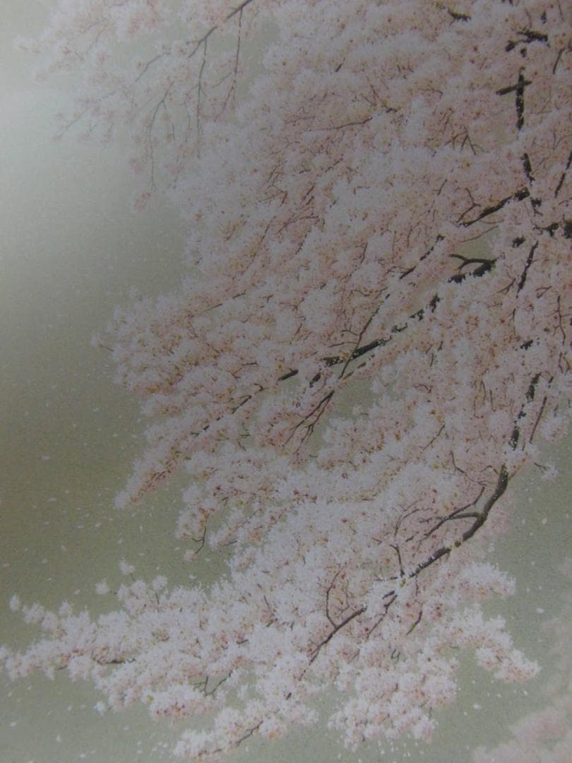 山地司、「桜に朧月」、希少画集、額装画、日本製・新品額にて額装