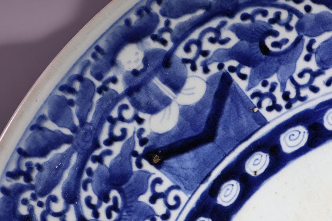 江戸中期　古伊万里　染付　大皿　花鳥風月図　角福銘　直径42㎝ BJ200