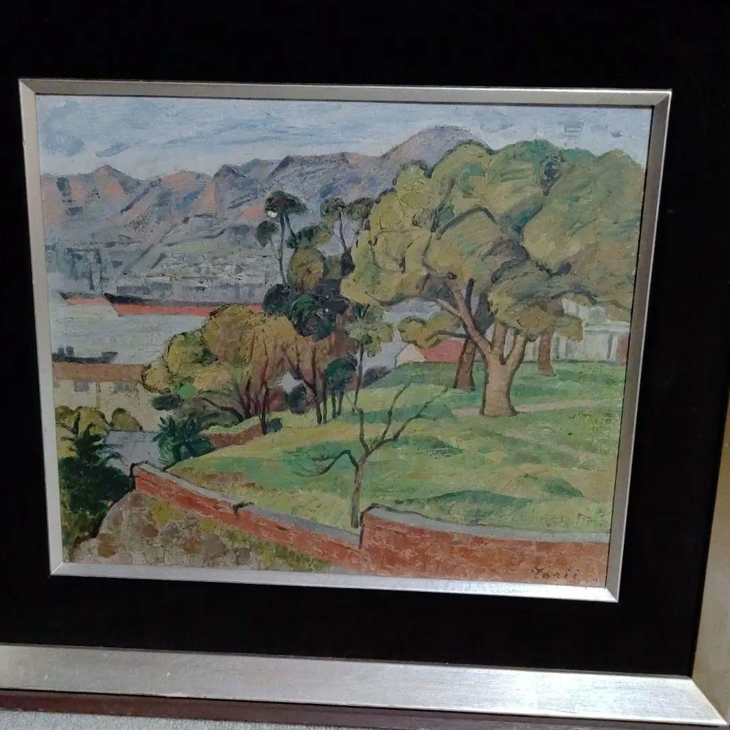 鳥居敏文画家．印象派風 油彩画 木々の風景 硝子無し1908年−2006没蔵出し