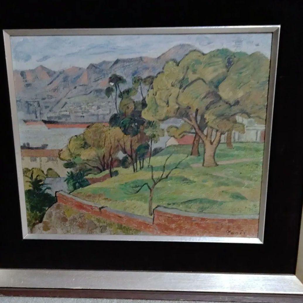 鳥居敏文画家．印象派風 油彩画 木々の風景 硝子無し1908年−2006没蔵出し