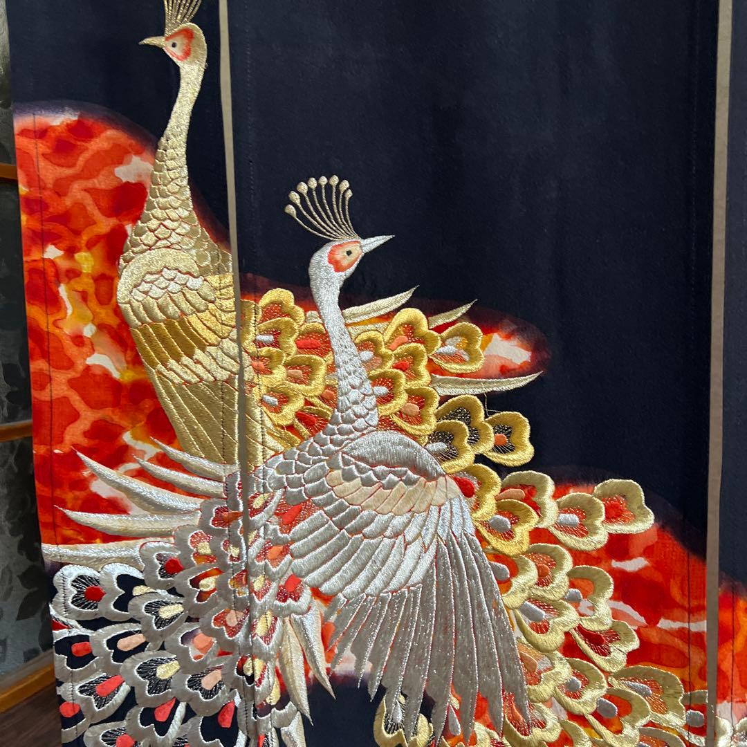 113/101,着物リメイクーのれん、鳳凰、刺繍加工、！