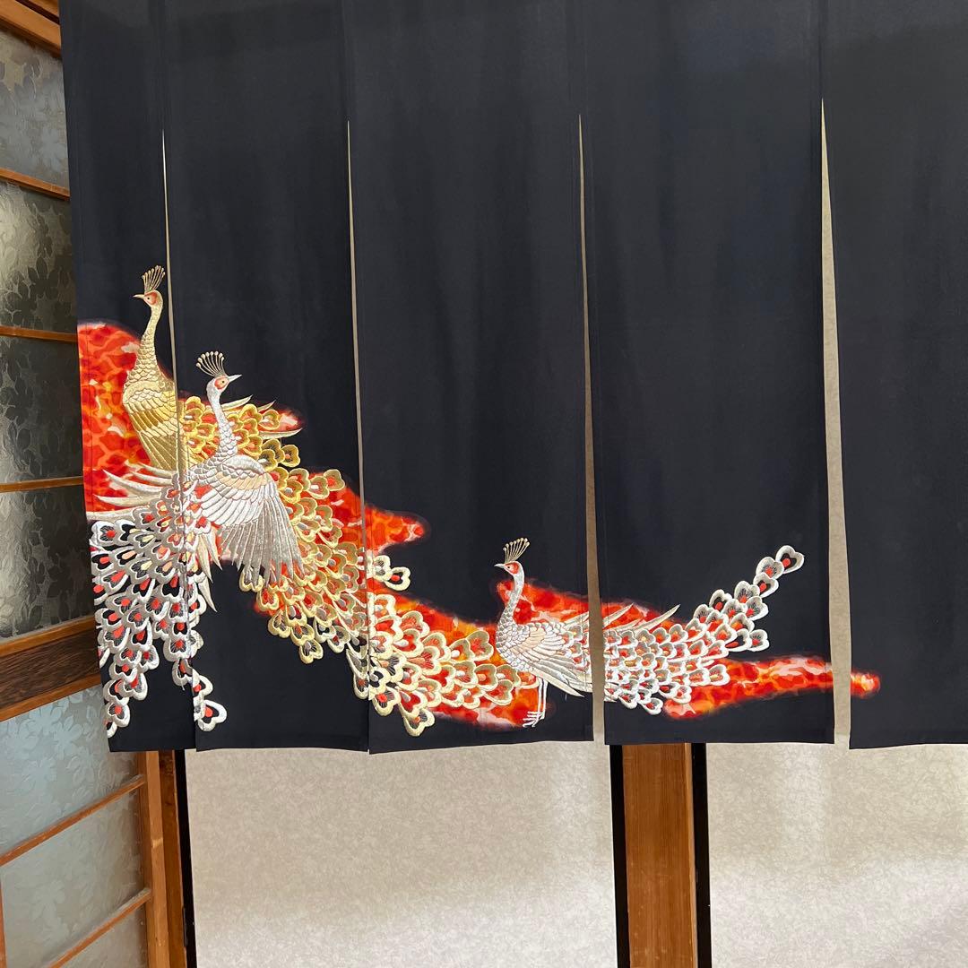113/101,着物リメイクーのれん、鳳凰、刺繍加工、！
