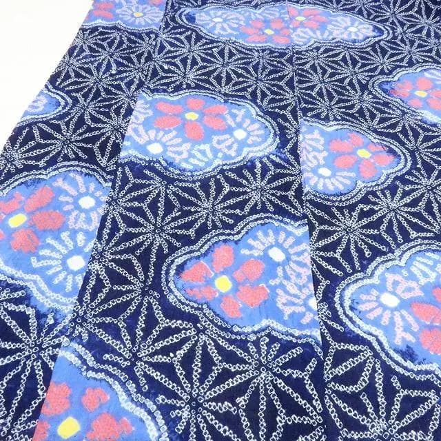 Y3232◆美品 綿 有松鳴海絞り 背・胸・居敷当付 手縫い 麻の葉 高級浴衣