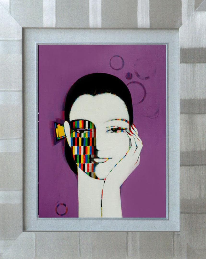 油絵 菅家令子 絵 絵画インテリア額付(青緑＋金色の枠) F6-082211女性