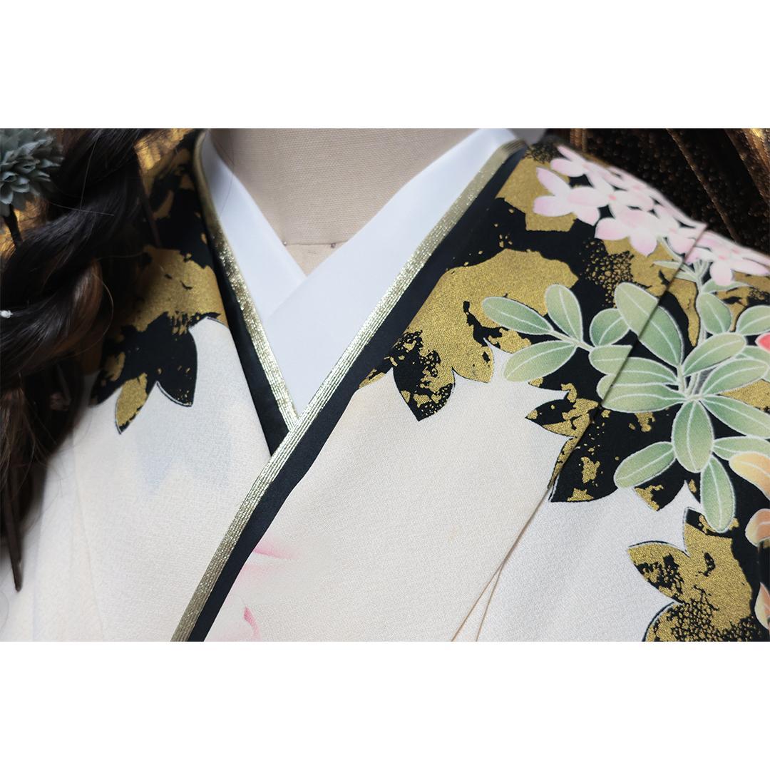 難あり■振袖・帯2点セット ◆人気のアイボリーホワイト系47Td