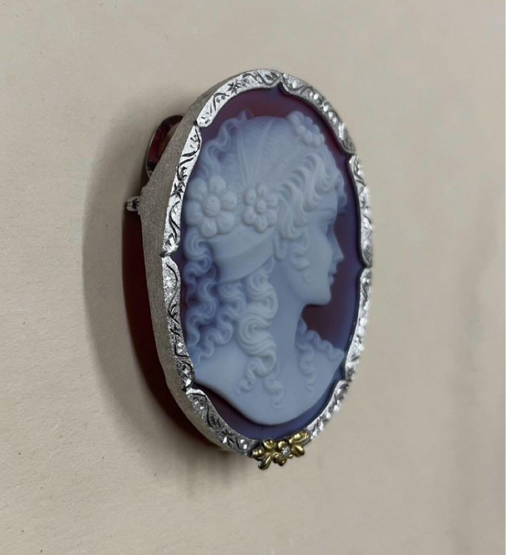 オ*ー様 Ｋ１８　SV９２５　メノーカメオ　ダイヤモンド付き　ブローチ　ペンダン