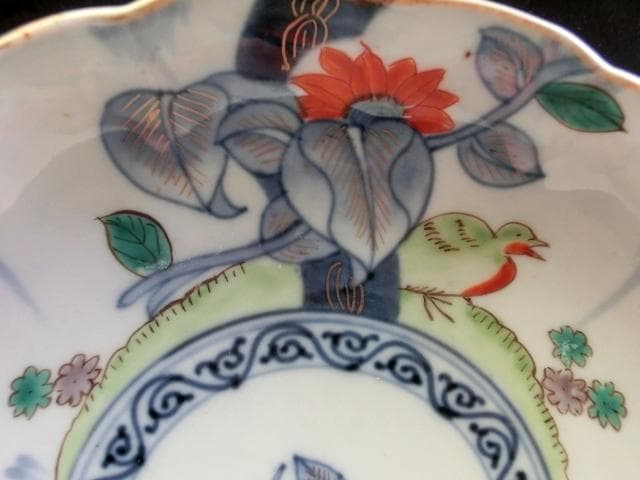皿■角福 色絵花鳥紋捻子皿 5枚 古伊万里(江戸後期～明治期)時代物 古い骨董