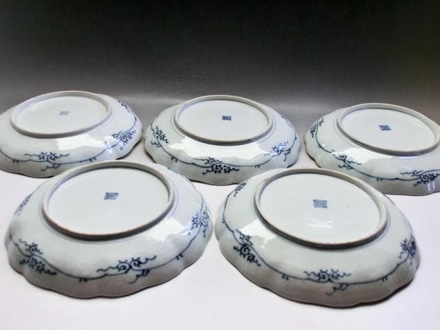 皿■角福 色絵花鳥紋捻子皿 5枚 古伊万里(江戸後期～明治期)時代物 古い骨董