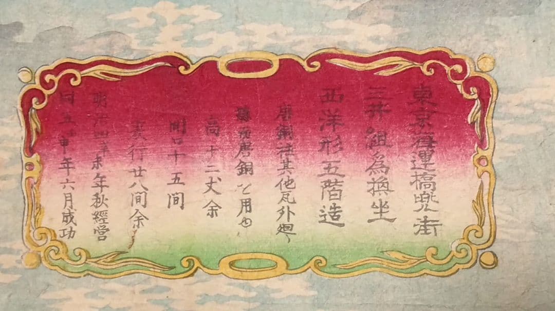 浮世絵版画、東京海運橋兜街三枚綴り繋がってます一交斎幾丸（竹田幾丸)明治5年出版