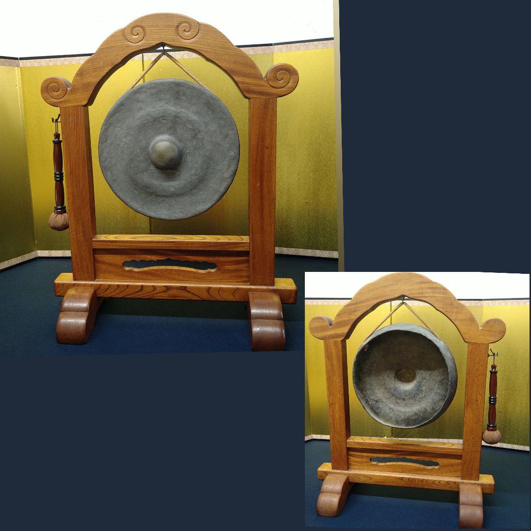 AJ51 茶道具 銅鑼 欅枠 木製 バチ バイ付未使用 茶事 鳴り物