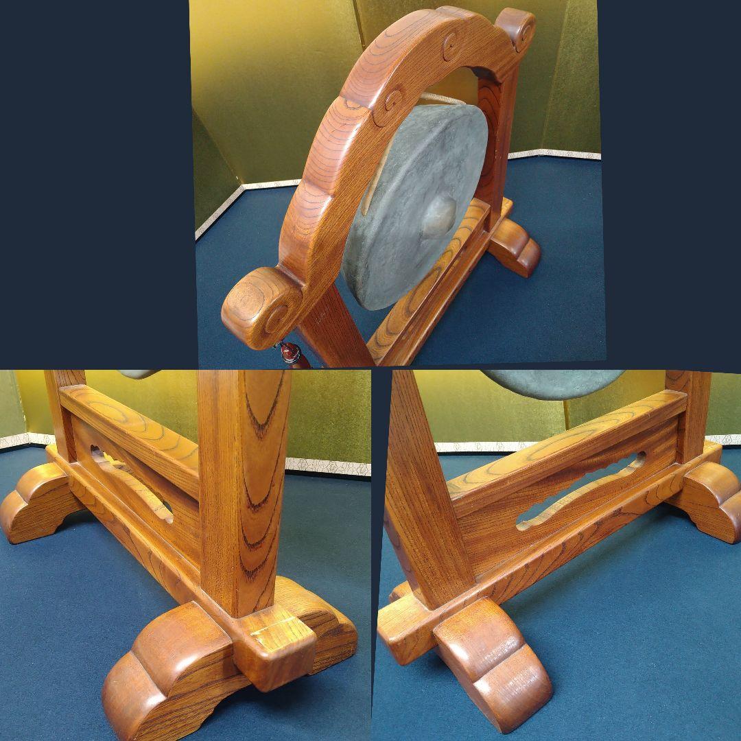 AJ51 茶道具 銅鑼 欅枠 木製 バチ バイ付未使用 茶事 鳴り物