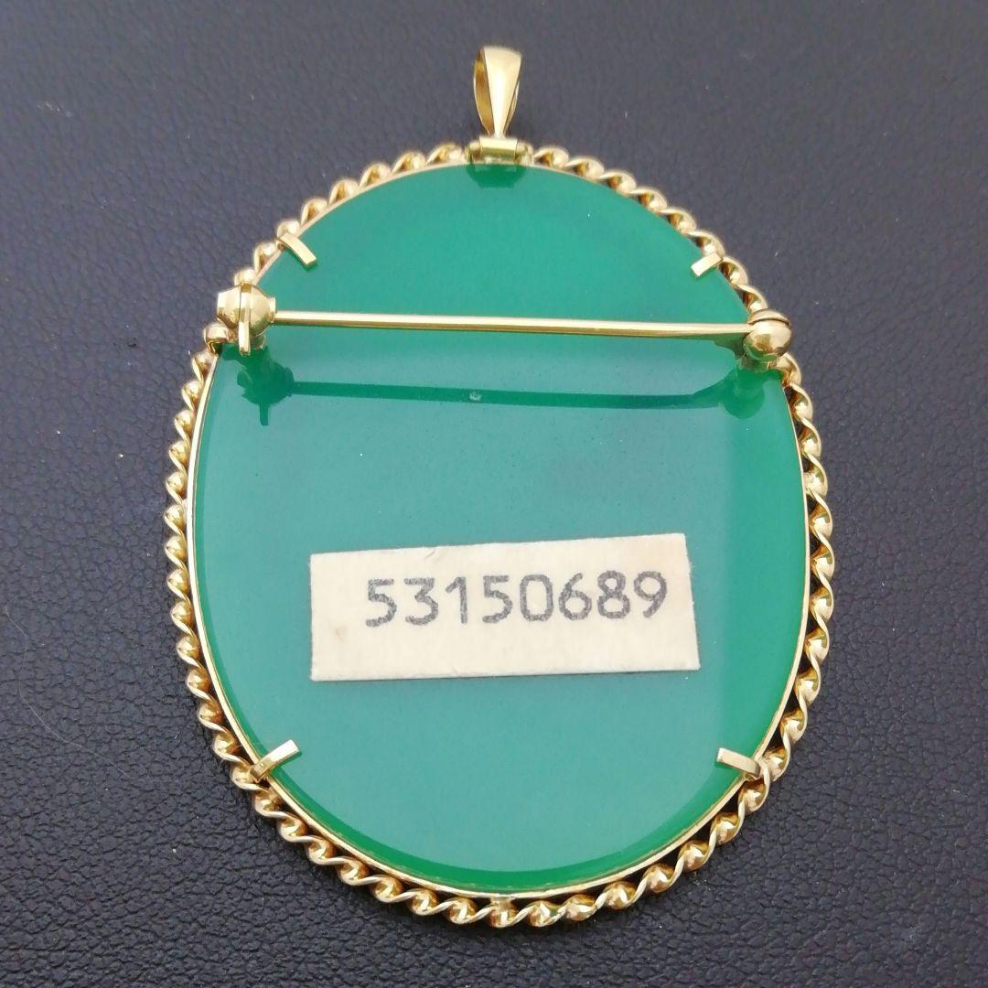 K18　✨美人メノウカメオ✨　ブローチ時々ペンダントトップ　グリーンメノウカメオ