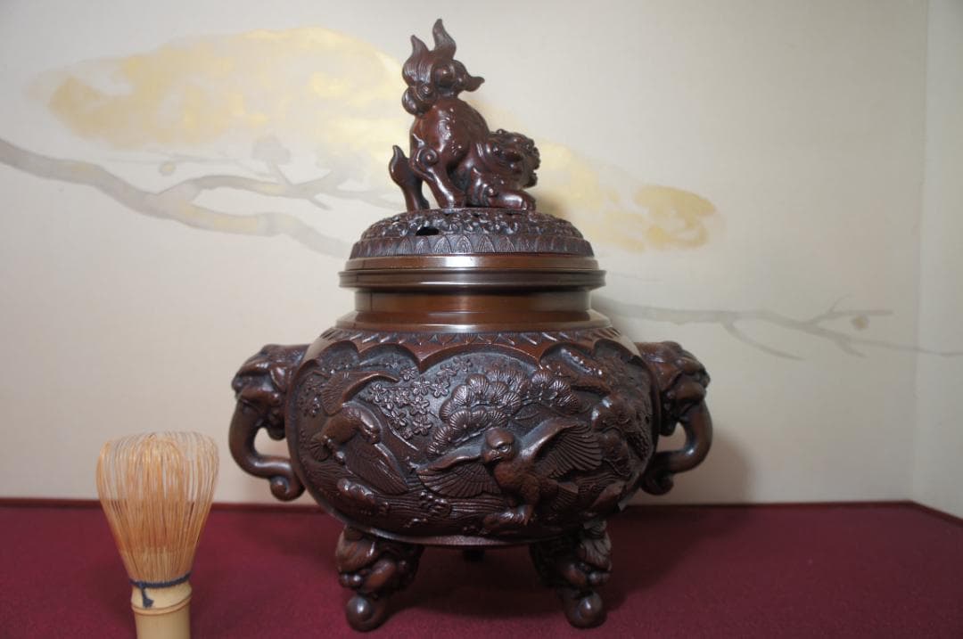 ★美品 高岡銅器 瑞峰作 新特大 花鳥 高級銅製香炉工芸作家造 送料込み