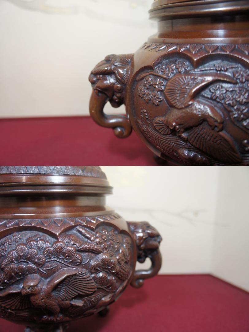 ★美品 高岡銅器 瑞峰作 新特大 花鳥 高級銅製香炉工芸作家造 送料込み