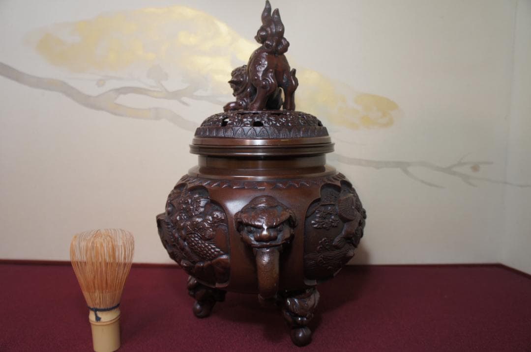 ★美品 高岡銅器 瑞峰作 新特大 花鳥 高級銅製香炉工芸作家造 送料込み