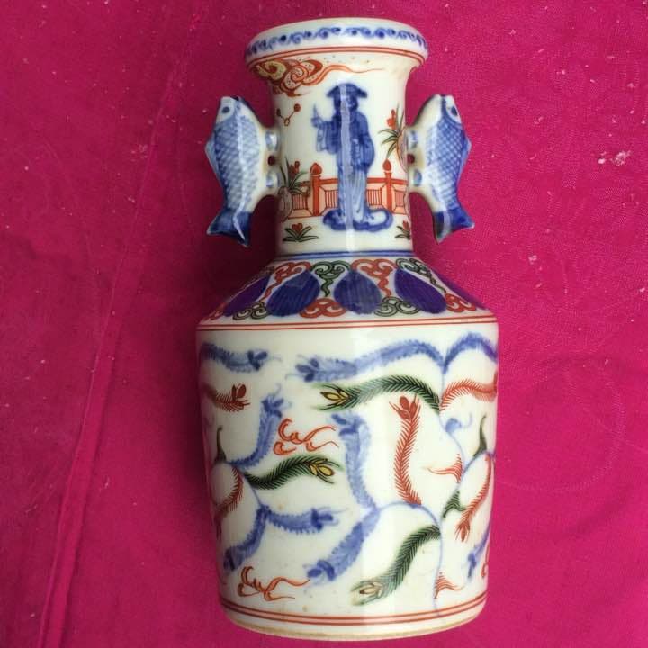 2067様感謝‼️大陸の彩魚耳 南画調 在銘　萬歴倣い  壺