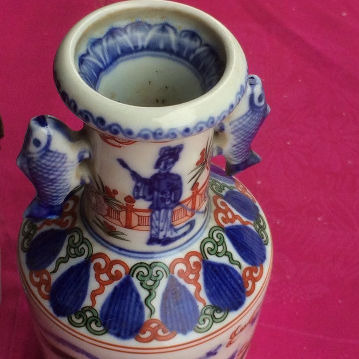 2067様感謝‼️大陸の彩魚耳 南画調 在銘　萬歴倣い  壺