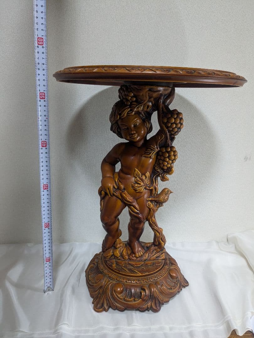 サイドテーブル 丸テーブル 木製 彫刻 天使