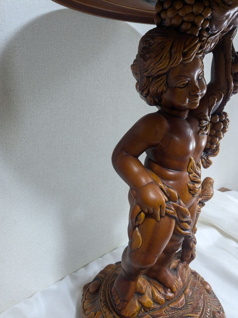 サイドテーブル 丸テーブル 木製 彫刻 天使