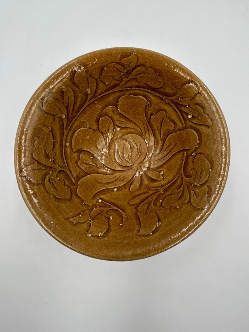 ★0062宋時代　耀州窯 黄釉唐草紋碗 盃 陰刻 ★天目茶碗 茶道具 茶器