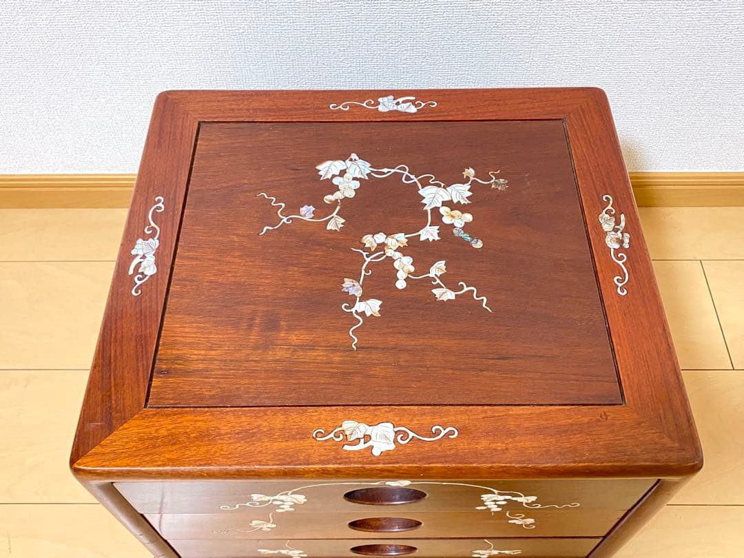 【希少品】天然木 唐木 本花梨 総無垢 螺鈿 卓上チェスト 薬箪笥 3段収納