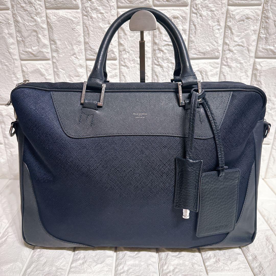 極美品 ペッレモルビダ ビジネスバッグ 2way レザー ネイビー A4収納可能
