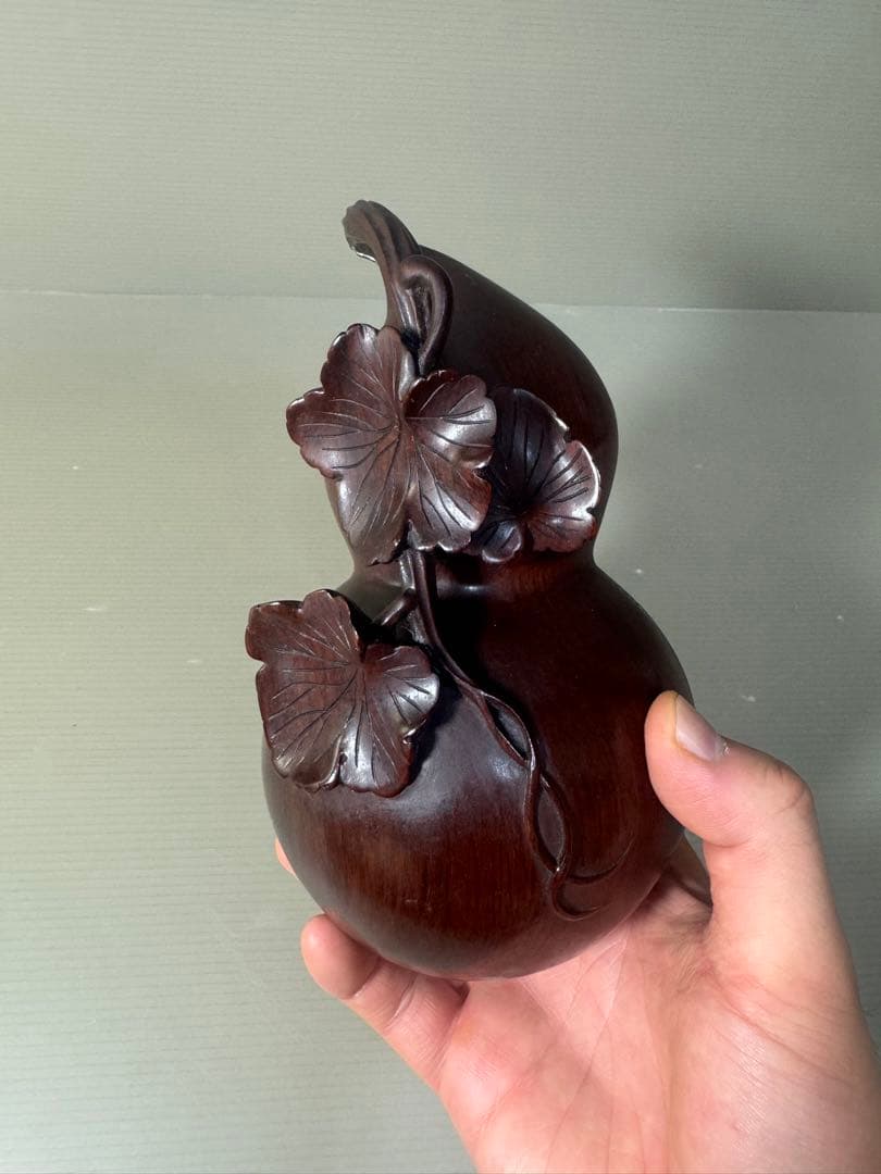 2469 中国　唐木紫檀製　瓢箪形　蓋物　置物　美品