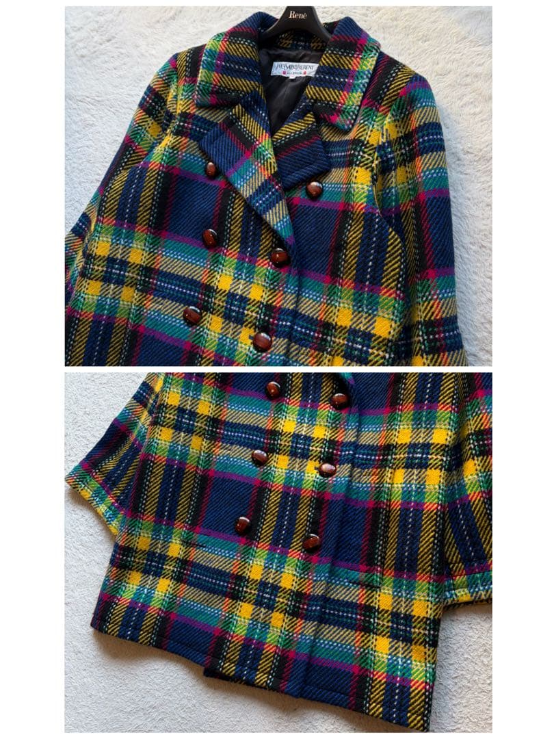 イヴサンローラン ウールコート ツイード タータンチェック マルチカラー 仏製
