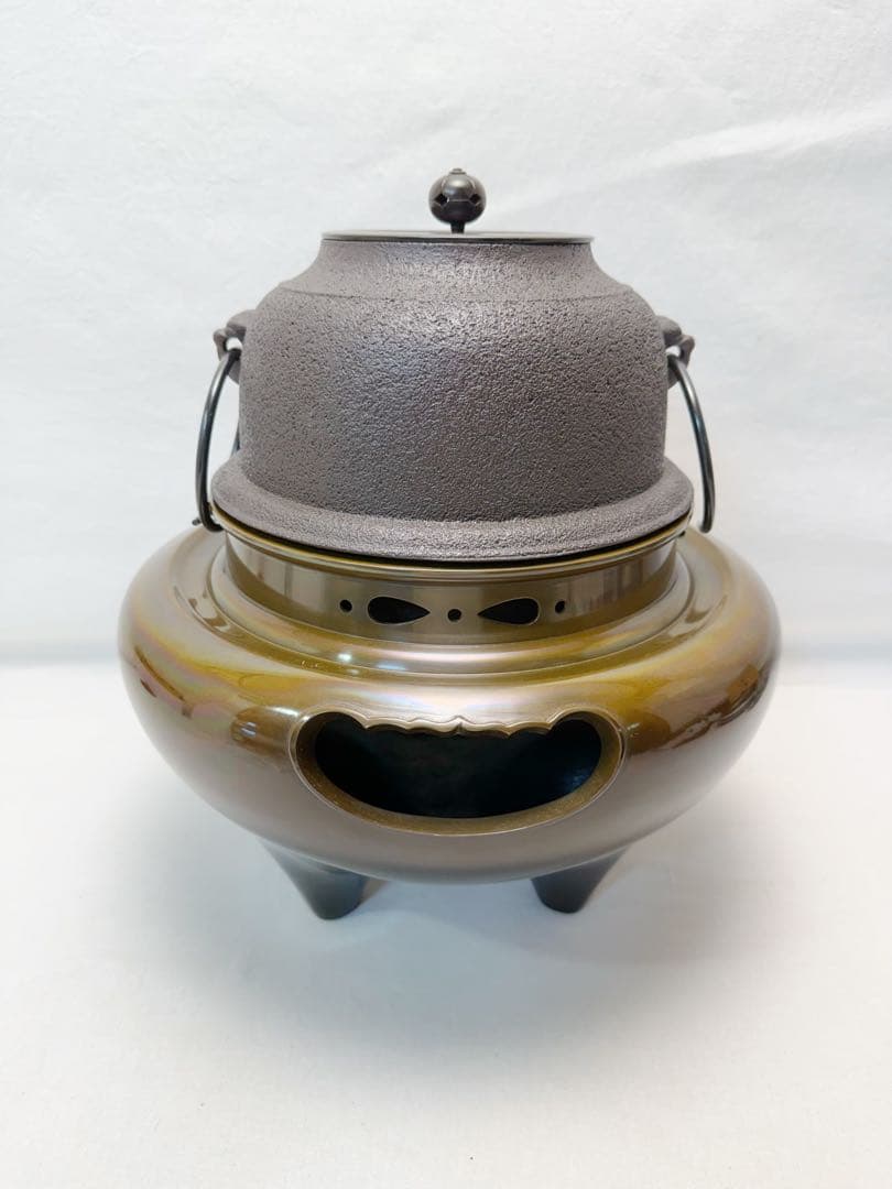 未使用 茶道具 釜師 佐藤清光造 唐銅朝鮮風炉釜 野々田電熱器 釜印 釜鐶付元箱