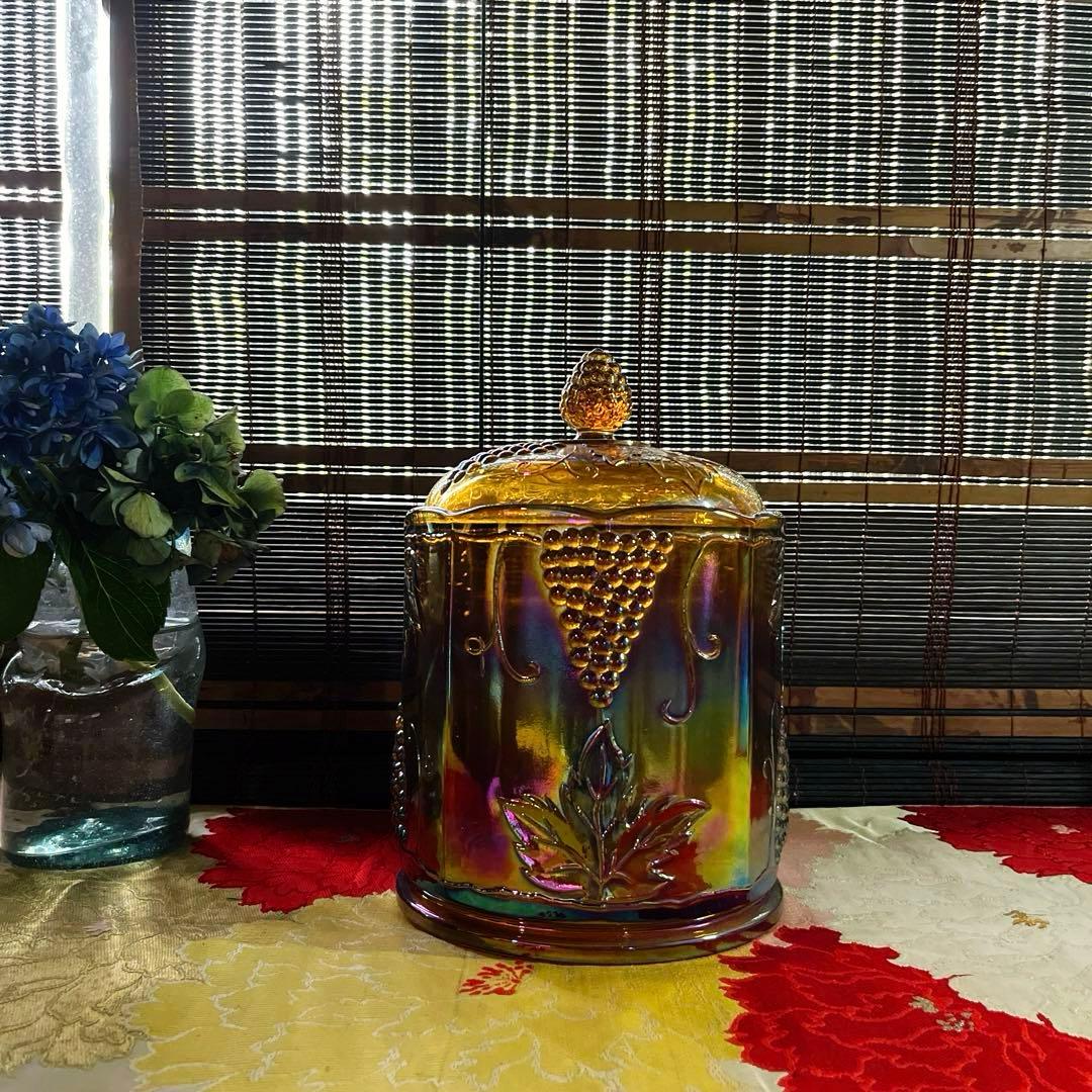 骨董　レトロプレス　カーニバルグラス　アンバー　ラスター彩葡萄模様　キャニスター