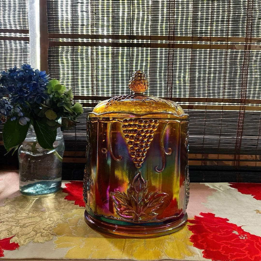 骨董　レトロプレス　カーニバルグラス　アンバー　ラスター彩葡萄模様　キャニスター