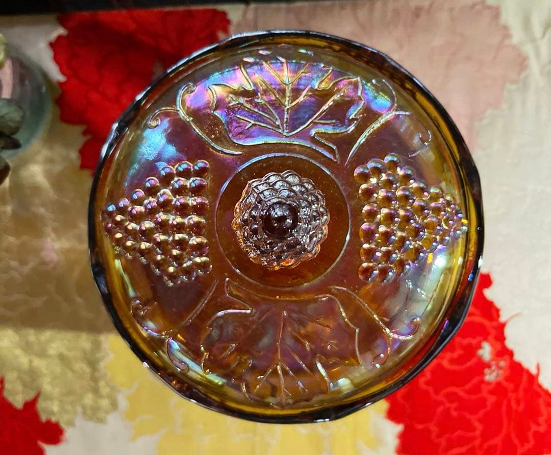 骨董　レトロプレス　カーニバルグラス　アンバー　ラスター彩葡萄模様　キャニスター