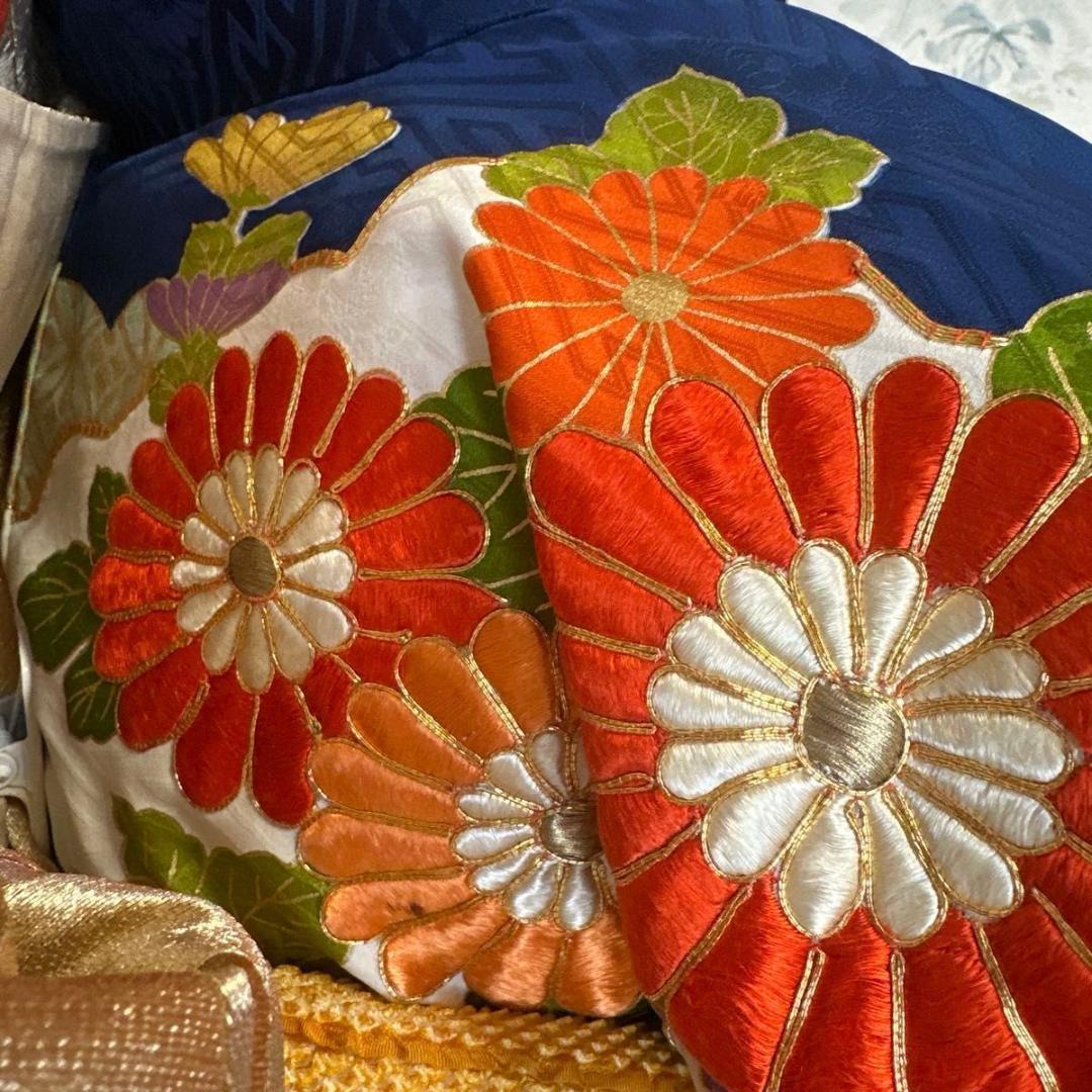 大正ロマンレトロ可愛い紺地×金駒刺繍♡振袖フルセット セミアンティーク 成人式