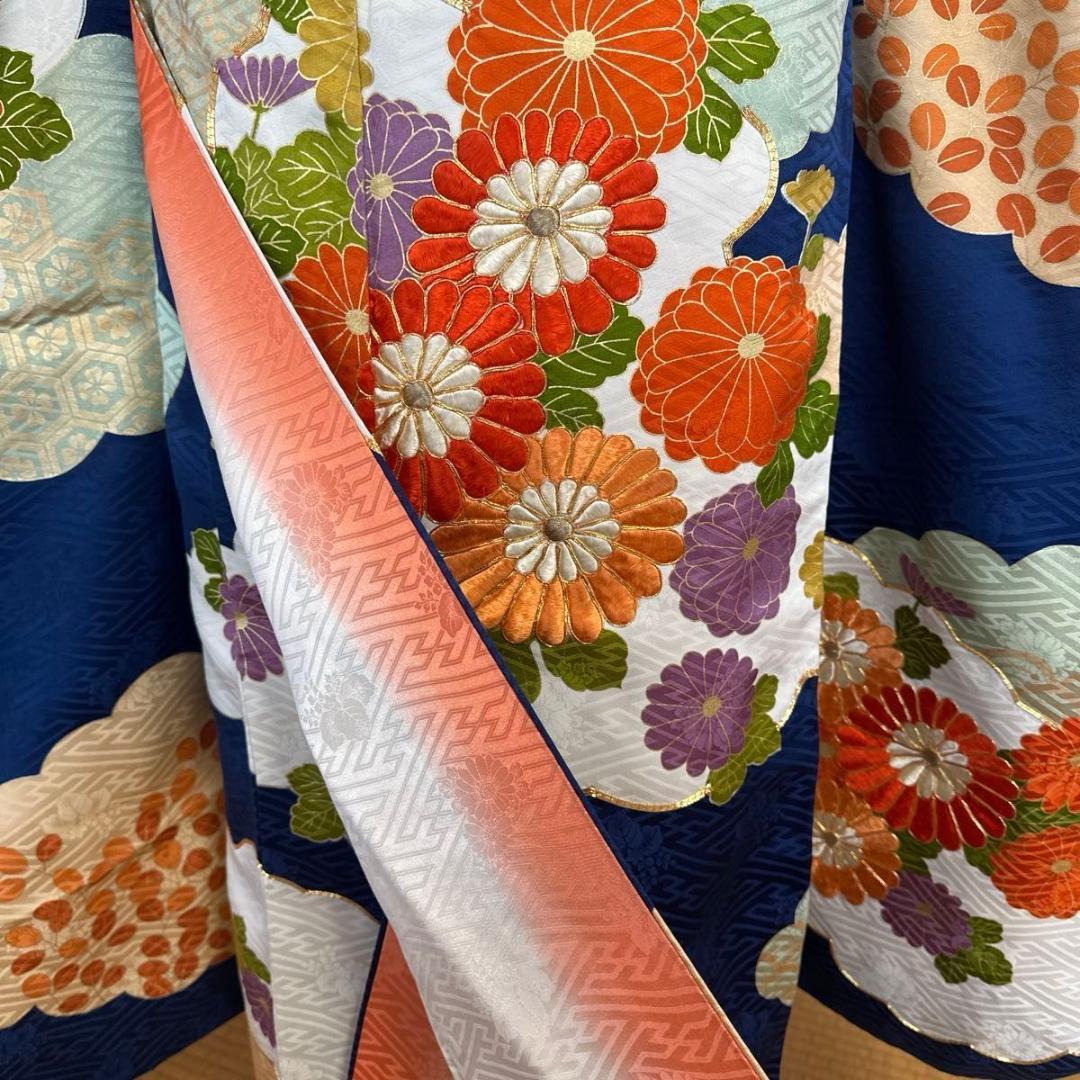 大正ロマンレトロ可愛い紺地×金駒刺繍♡振袖フルセット セミアンティーク 成人式